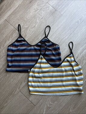 Striped Ribbed Cami Crop Tops - Navy & Mustard